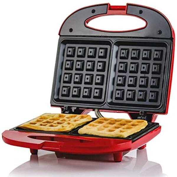 Ovente 750-Watt 2-Slice of Waffle Electric Red Waffle Maker Non-Stick Plates, Safety Cover Latch, Indicator Lights