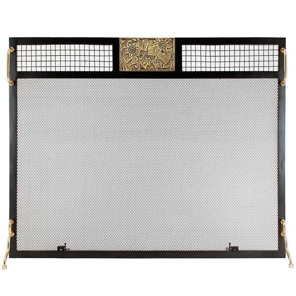 38 in. L Antique Brass and Matte Black 1-Panel Clematis Emblem Fireplace  Screen