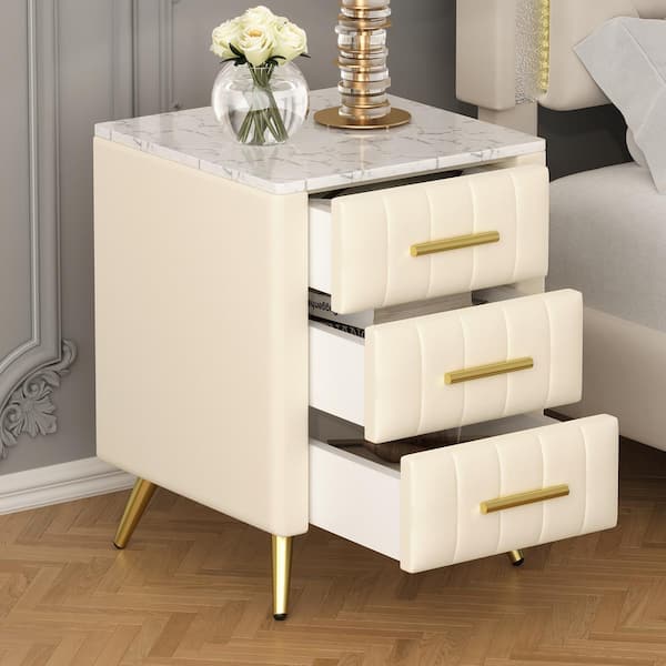 Harper & Bright Designs Beige Wooden 3-Drawer 16.3 in. W Velvet Upholstered Nightstand with Marbling Worktop, Metal Legs and Handles