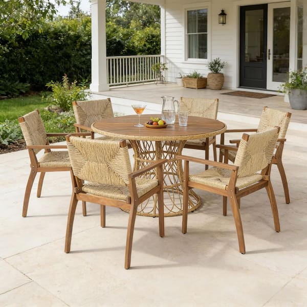 Penelope 5-Piece Solid Wood and Wicker Round Patio Outdoor Dining Set, Teak Finish