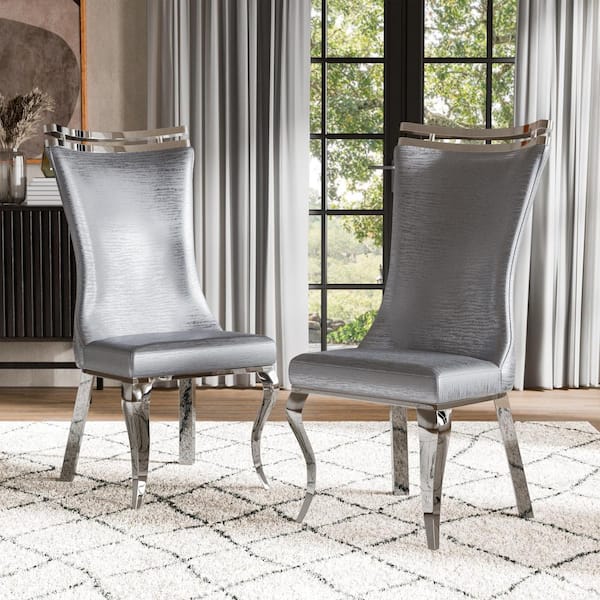 Furniture of America Weirsh Gray Fabric Upholstered Double Crown Dining Chairs with Chrome Saber Legs (Set of 2)