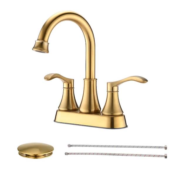 4 in. Centerset Double Handle High Arc Bathroom Faucet with 360° Swivel Spout and Pop Up Drain in Brushed Gold