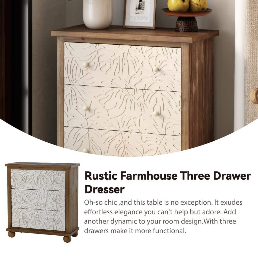 Rustic Farmhouse White and Brown Fir Wood 3-Drawer Dresser