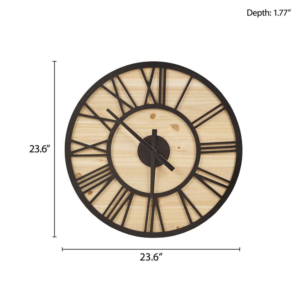Mason 23.6" Natural Wood and Black Metal Wall Clock