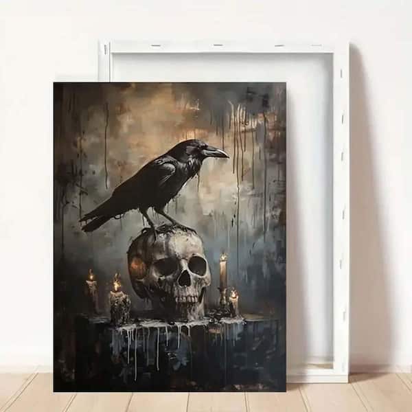 Wooden Framed Canvas Wall Art, 36 x 24, Crow on Skull with Candles