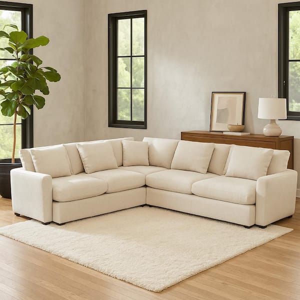 195 in. Square Arms Polyester Corner Sectional Sofa in. Cream White and Black