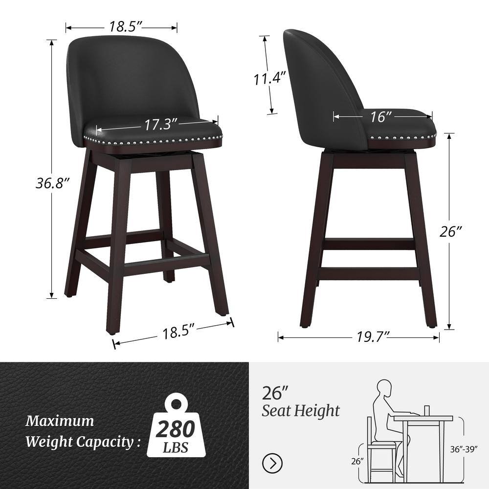 26" Black Faux Leather Swivel Counter Stools with Dark Wood Legs, Set of 3