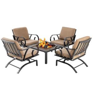 Flame 5-Piece Steel Outdoor Furniture Conversation Set Patio Fire Pit Table with Brown Cushions