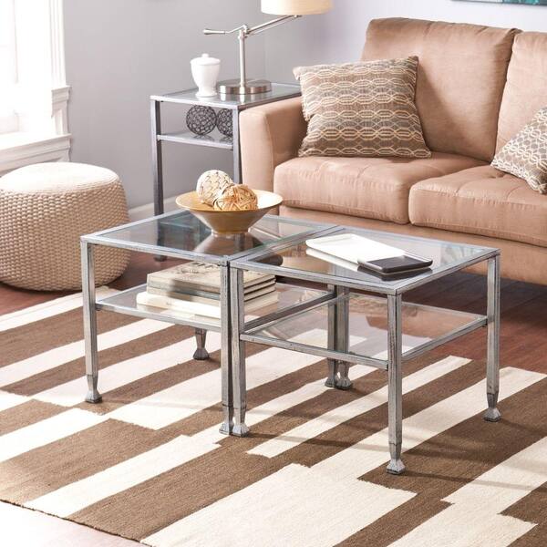 Southern Enterprises 21 in. Silver Medium Square Glass Coffee Table with Shelf
