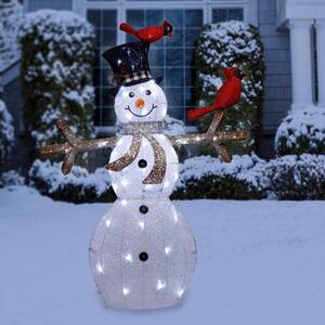 74 in. Tall Mesh Snowman Decor with Red Birds and Cool White LED Lights