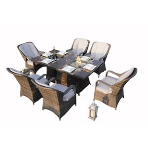 ELLE Gray 7-Piece Wicker Outdoor Dining Set with Fire Pits and Gray Cushions