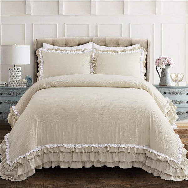 Ella Ruffle Lace 3 Pieces Neutral Solid Microfiber Full/Queen Comforter Set