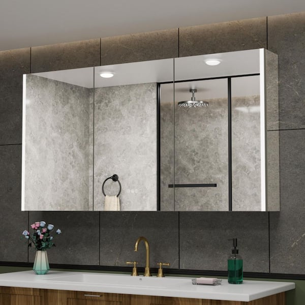 Rina 54 in. W x 32 in. H Rectangular Aluminum Recessed Medicine Cabinet with Mirror, Dimmable, Fog Free for Bathroom