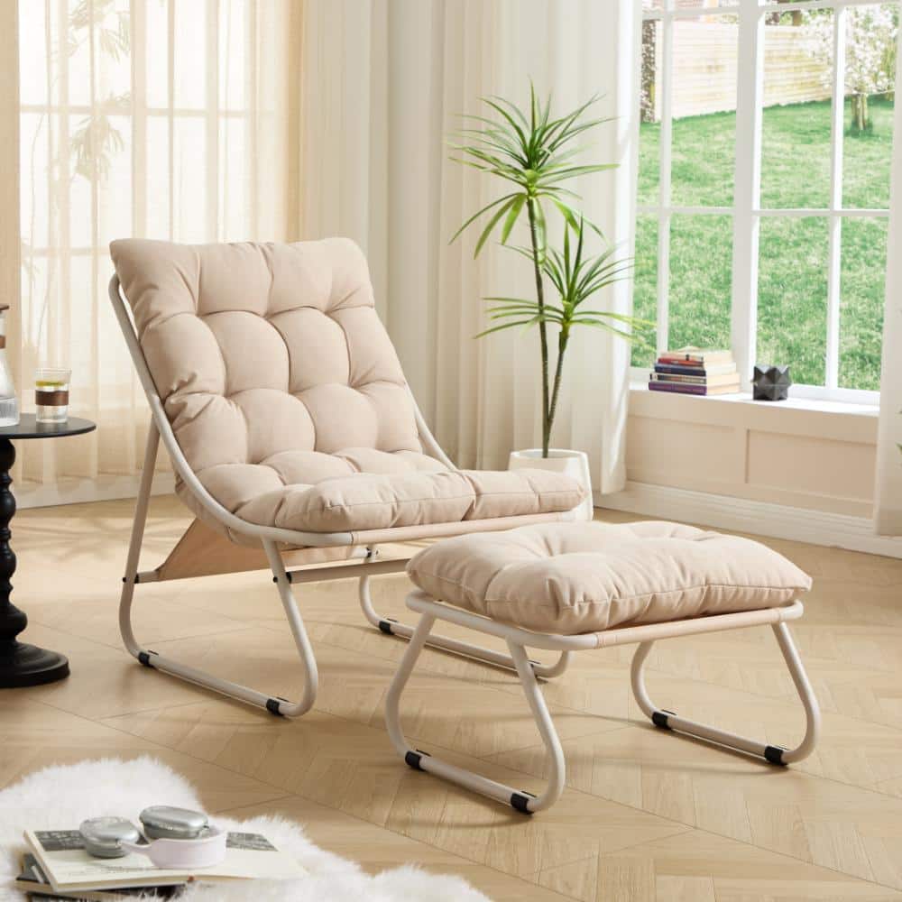 Patio Lounge Chair with Ottoman Recliner Puffy Cushion Foot Stool Beige Frame Beige price history on PriceWatchPro