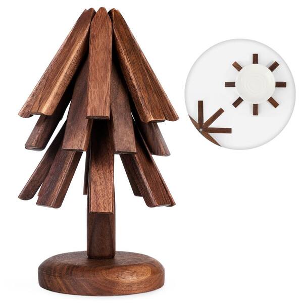 Brown Walnut Wood Tree Shape Trivet Set for Hot Dishes and Table Decor, 3-Pack Gift Box