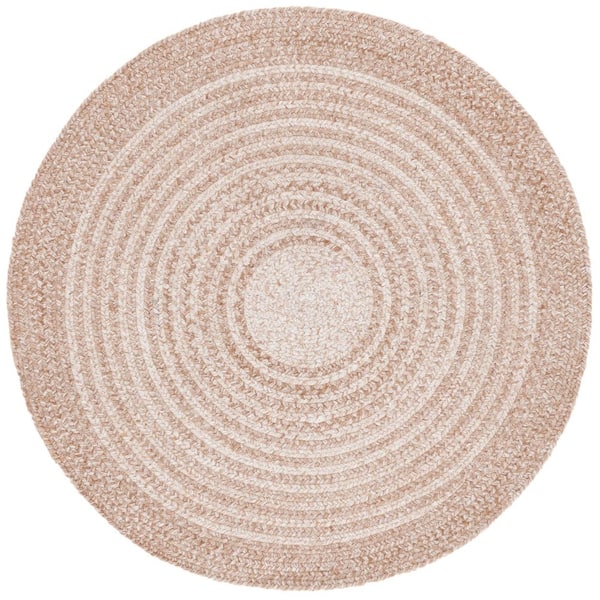 Braided 4 ft. x 4 ft. Tan Border Striped Gradient Round Area Rug