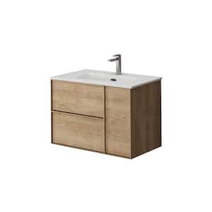 Palma 28 in. W x 18.1 in. D x 19.5 in. H Single Sink Wall Mounted Bath Vanity in Natural Oak with White Ceramic Top
