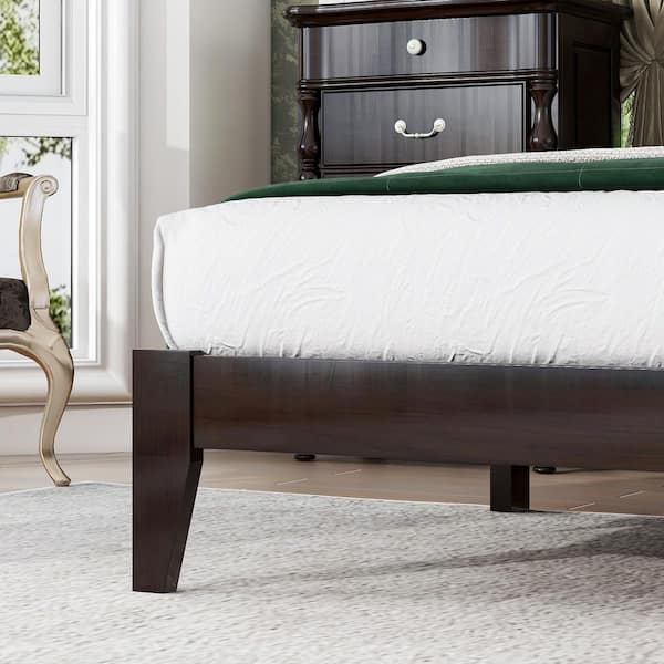 Espresso Brown Wood Frame Queen Size Platform Bed with Rattan Headboard, Enhanced by Support Feet