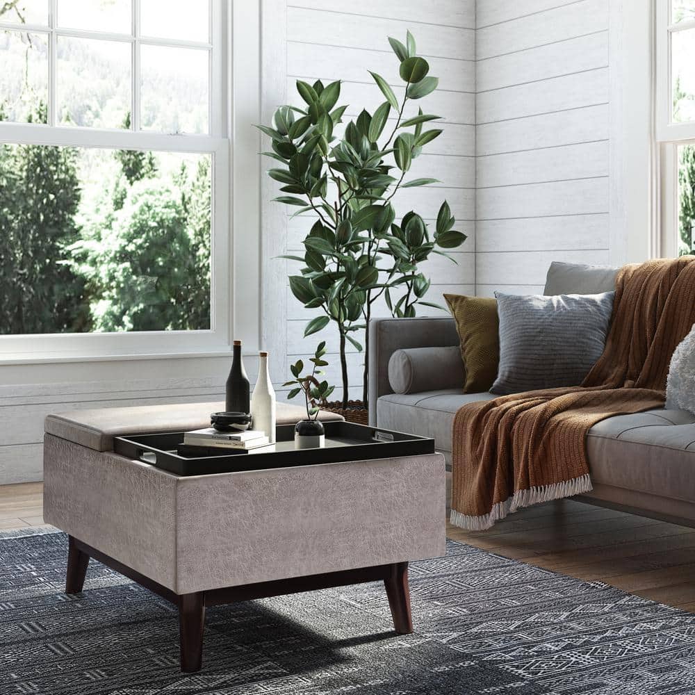 Owen Mid Century Modern Distressed Grey Storage Ottoman with Tray Top