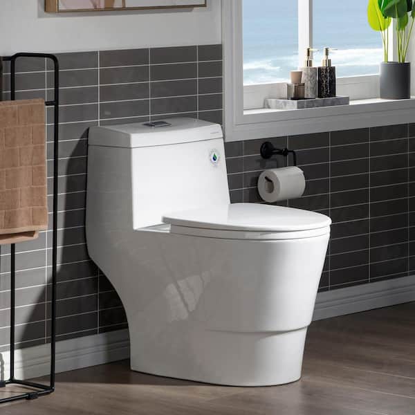 WOODBRIDGE 1-Piece 1.28 GPF Dual Flush Elongated Toilet in White with Chrome Button
