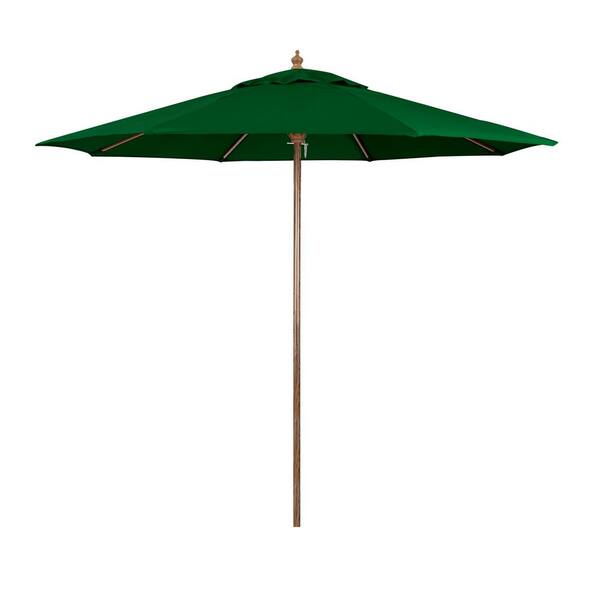 Astella 9 ft. Wood-Grain Steel Push Lift Market Patio Umbrella in Polyester Hunter Green Fabric