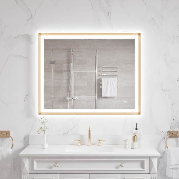 FORCLOVER 40 in. W x 32 in. H Rectangular Framed Beveled Edge Anti-Fog Dimmable Wall Bathroom Vanity Mirror in Brushed Gold