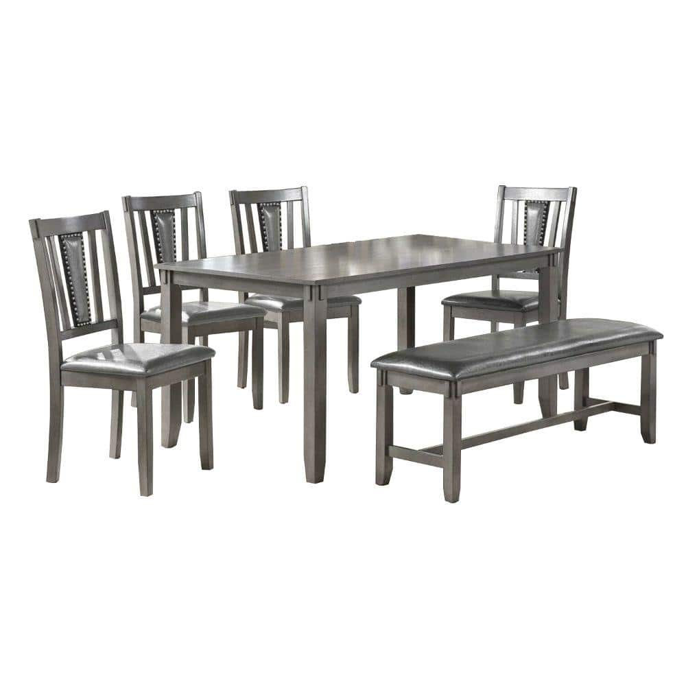 Benjara 6-Piece Gray Wooden Dining Set with Leatherette Padded Chair ...