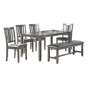 6-Piece Gray Wooden Dining Set with Leatherette Padded Chair and Bench