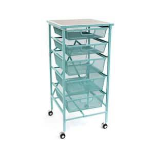 Folding Steel 5 Drawer Storage Kitchen Cart Wood Top, Turquoise