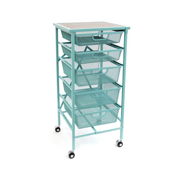 Origami Folding Steel 5 Drawer Storage Kitchen Cart Wood Top, Turquoise