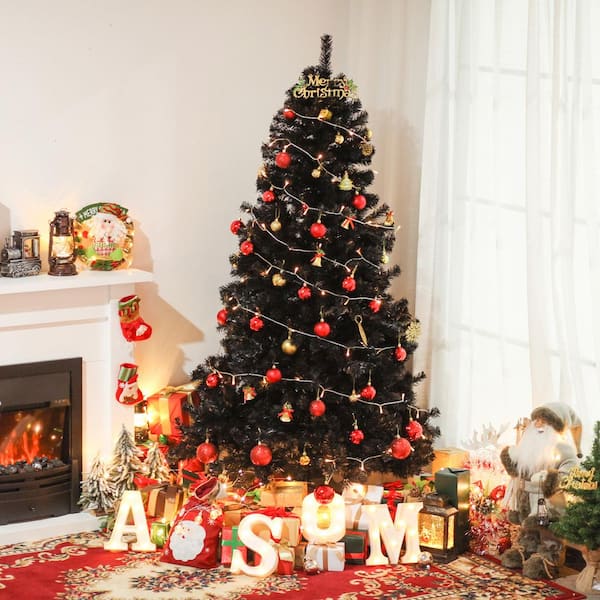 7FT Black or Red-White Christmas Tree, Prelit Halloween Christmas Tree