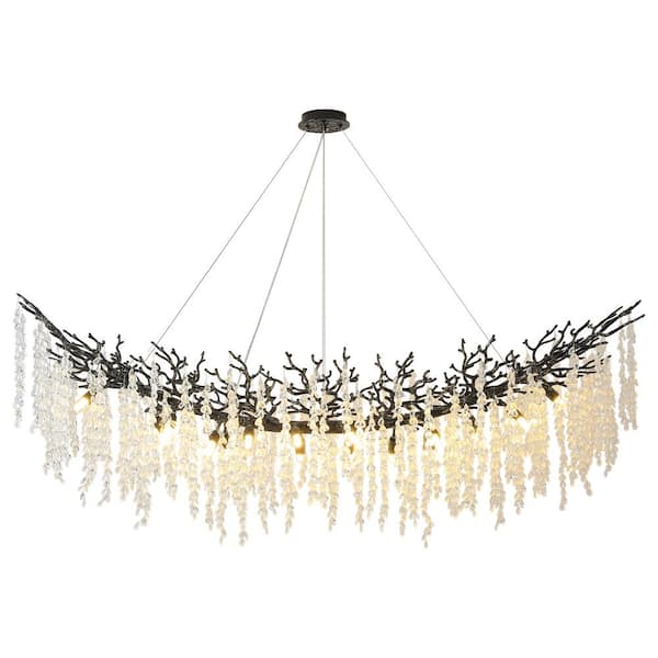 YUYI 63 in. 16-Light Modern Crystal Chandelier, Black Tree Branch Rectangular Chandelier for Dining Room, Kitchen Island