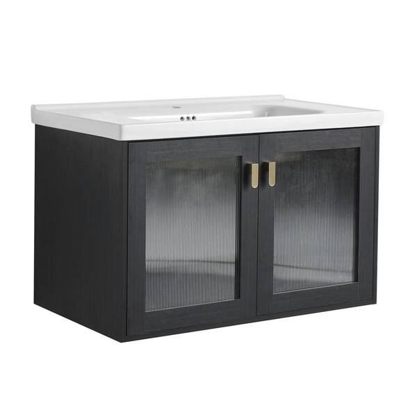 FAMYYT 32 in. W x 18.7 in. D x 20.7 in. H Single Sink Floating Bath Vanity in Black with White Ceramic Top and Gold Handle