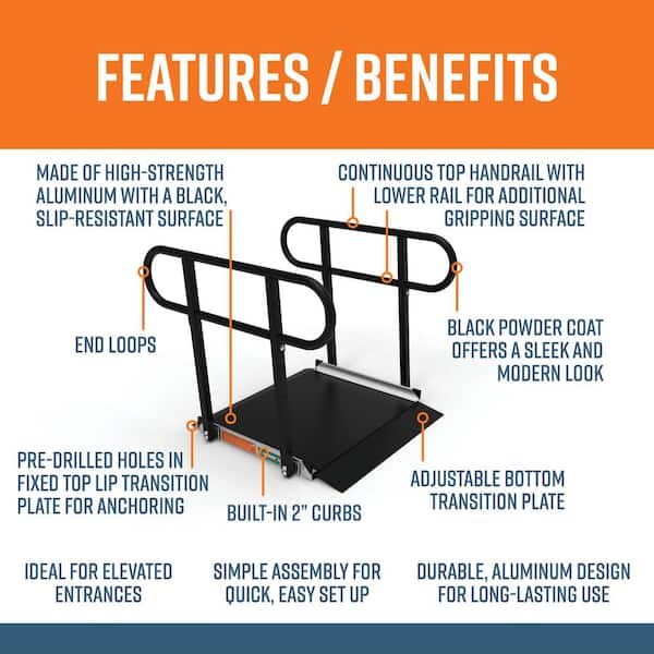 GATEWAY 3G 3 ft. Aluminum Solid Surface Black Wheelchair Ramp with Black 2-Line Handrails
