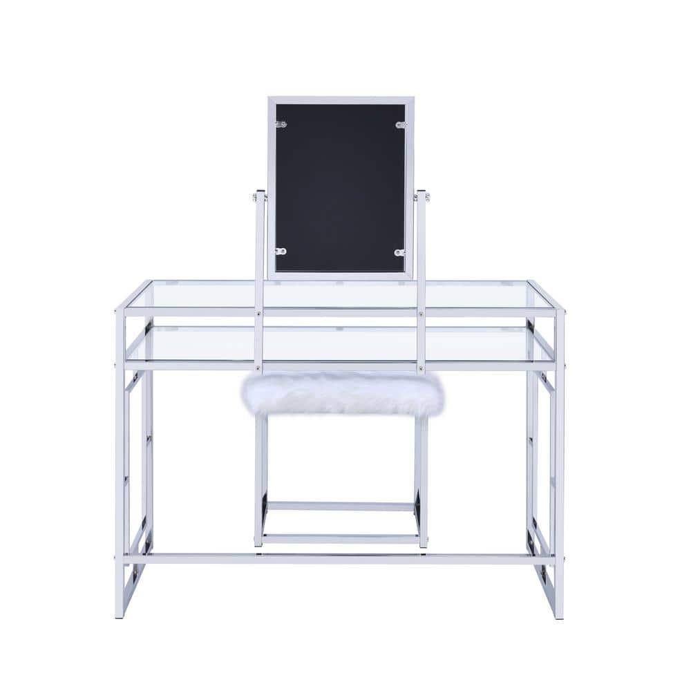 Carenze Chrome & White Faux Fur Vanity Set with Tilt Mirror