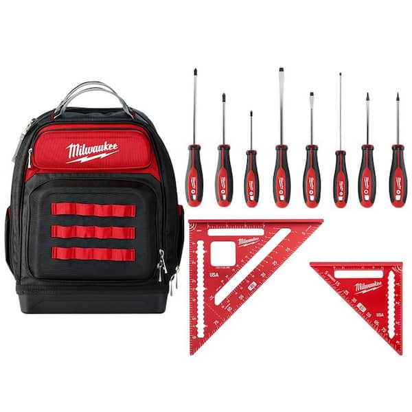 Milwaukee 15 in. Ultimate Jobsite Backpack W/Screwdriver Set W/ 7 in. Rafter Square and 4-1/2 in. Trim Square Set (11-Piece)