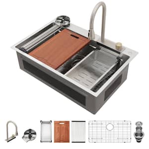 33 in. Drop-In Single Bowl 16-Gauge Stainless Steel Workstation Kitchen Sink with Flying Rain Faucet and Cup Washer