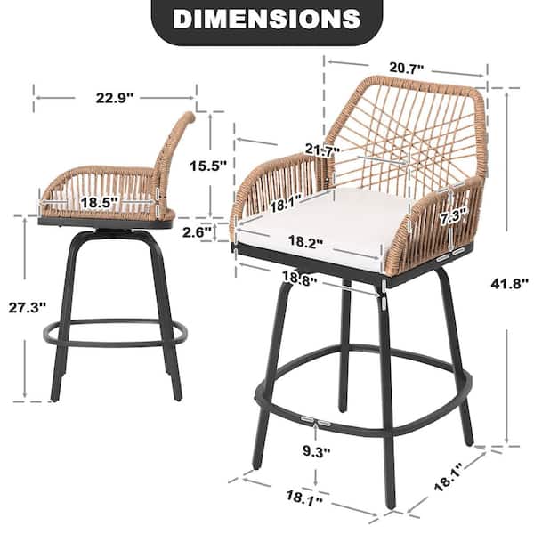 Swivel Rattan and Metal Outdoor Bar Stools with Beige Cushions (2-Pack)