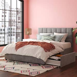 Serena Light Gray Velvet Upholstered Queen Bed With Drawers