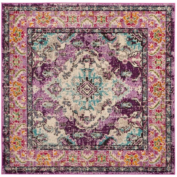 Monaco Violet/Light Blue 3 ft. x 3 ft. Distressed Border Medallion Square Area Rug