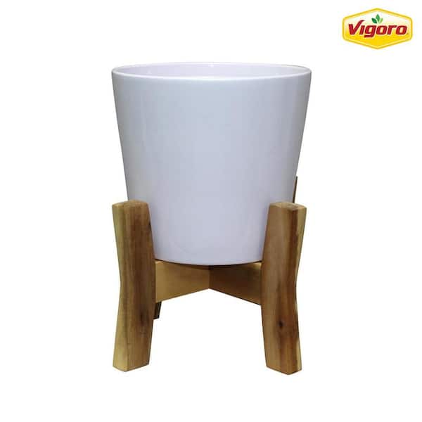 Vigoro 8 in. Shevlin Small White Ceramic Planter (8.3 in. D x 11 in. H) With Wood Stand