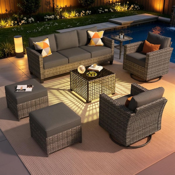 New Vultros Gray 7-Piece Wicker Outdoor Patio Conversation Set with Black Cushions and Solar LED Coffee Table