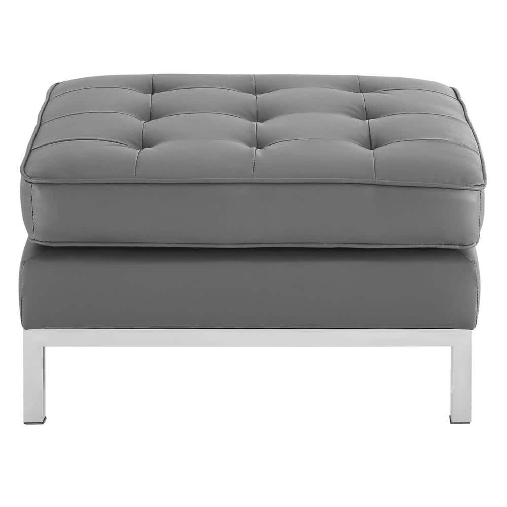 Loft Silver Gray Tufted Faux Leather Ottoman with Stainless Steel Legs