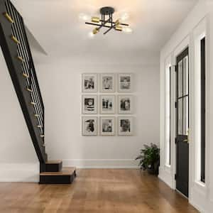 14 in. 4-Light Modern Sputnik Linear Black Metal Industrial Farmhouse Semi- Flush Mount Ceiling Lights Chandelier Light