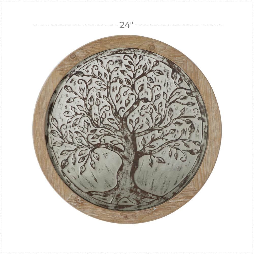 Brown Circular Wooden Tree Wall Decor with Weathered Finish
