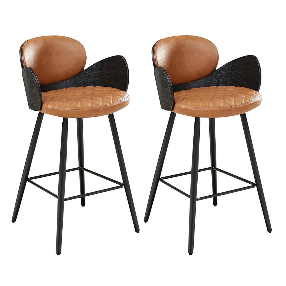 Art Leon Iva Seat Height 27.56 in. Brown Faux Leather Barstools with 4 wood Legs, Set of 2 BS040
