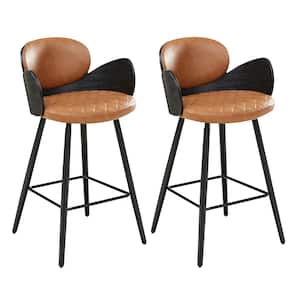 Iva Seat Height 27.56 in. Brown Faux Leather Barstools with 4 wood Legs, Set of 2