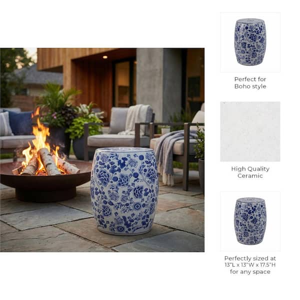 Liv & Skye Blue 18 in. Ceramic Round Hydrangea Chinoiserie Garden