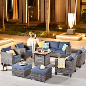New Vultros Gray 8-Piece Wicker Patio Fire Pit Conversation Seating Set with Blue Cushions