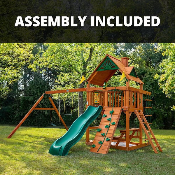 Professionally Assembled Chateau Kids Outdoor Playground Set with Slide, Sandbox, Rock Wall, Swing Set, Playground eqpt